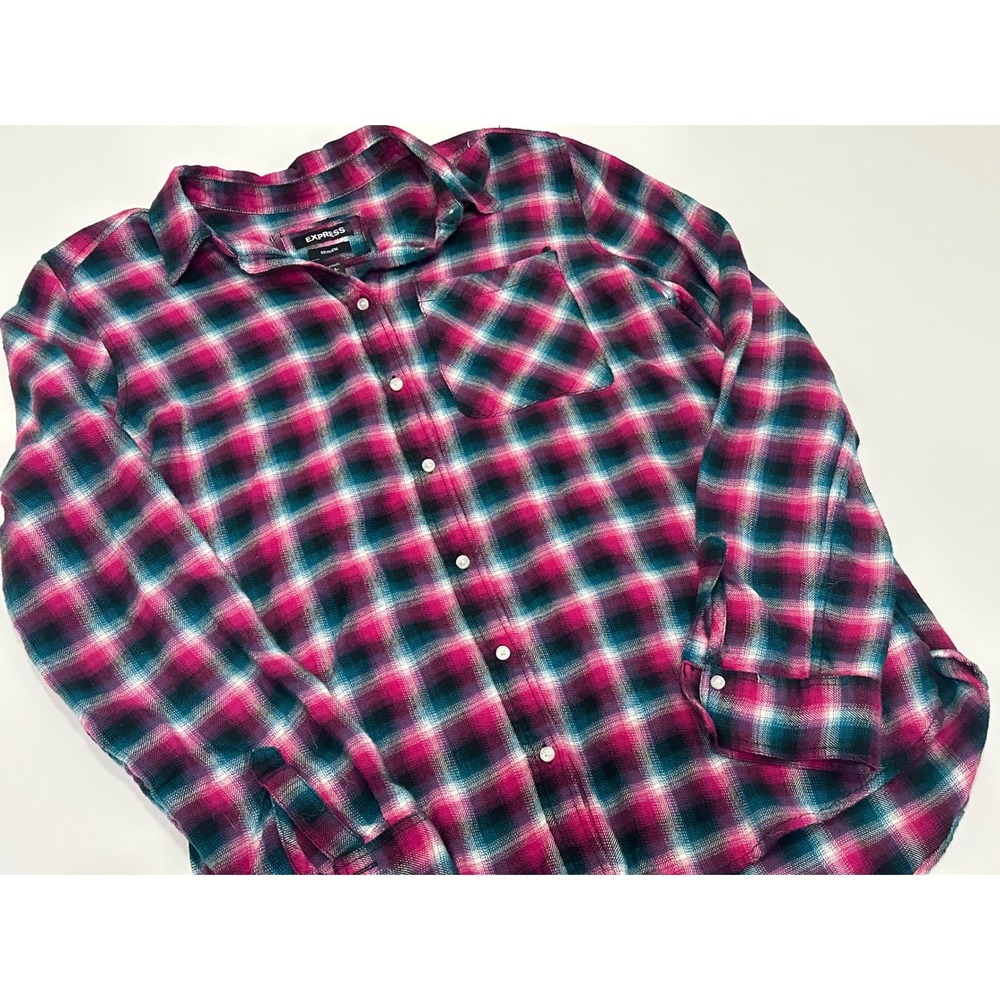 Express Boyfriend Plaid Flannel Shirt Women's Pink Teal Long Sleeve Button Up